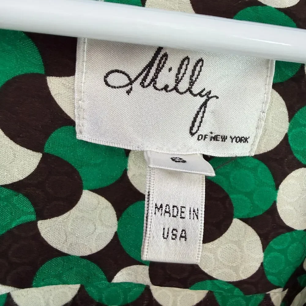 Milly of New York Silk Blend Wrap Dress Green White Polka‎ Dot Belted USA Made